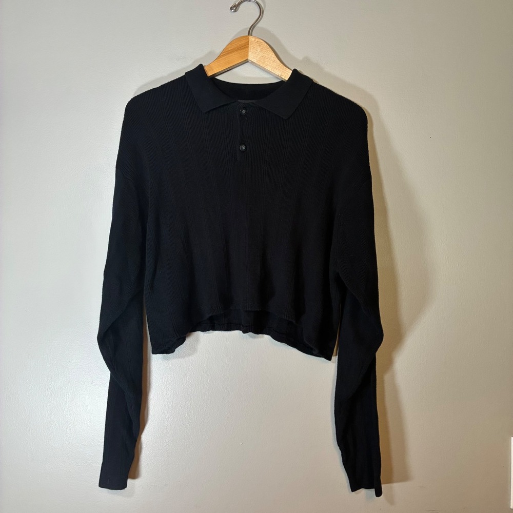 Brandini Black Ribbed Knit Cropped Polo Sweater Long Sleeve Mens Large L 90s